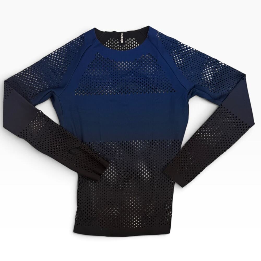 Ultracor Womens Long Sleeve Top Size S Navy Blue Ombre Laser Cut Perforated NWOT